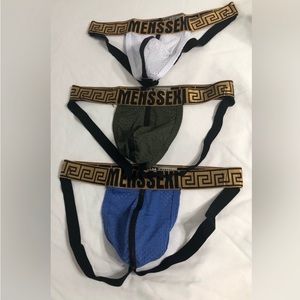 MENSSEXI  3PK Thongs pull on gold waistband MENSSEXI logo  green white blue.M